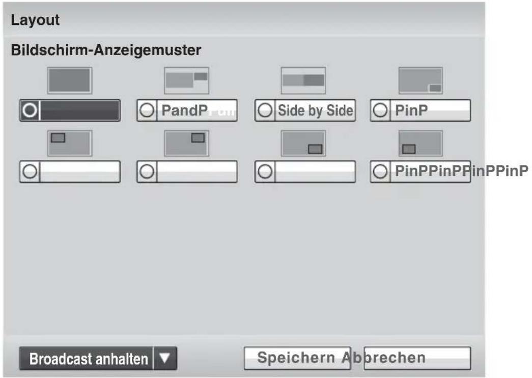 Layout Bildschirm-Anzeigemuster Broadcast anhalten Speichern Abrechen