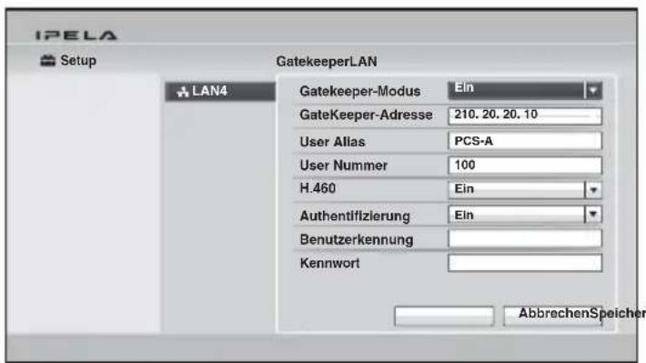 IPELA Setup GatekeeperLAN LAN4 Gatekeeper-Modus Ein GateKeeper-Adresse 210. 20. 20. 10 User Alias PCS-A User Nummer 100 H.460 Ein Authentifizierung Ein Benutzerkennung Kennwort AbbrechenSpeicher