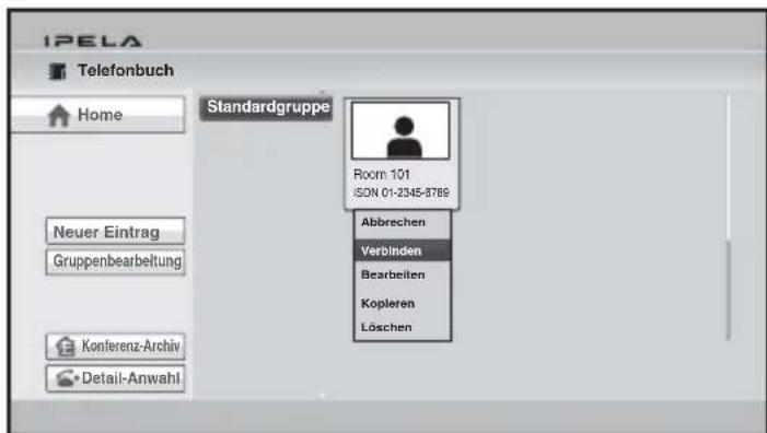 IPELA Telefonbuch Home Standardgruppe Room 101 SON 01-2345-8789 Abbrechen Verbinden Bearbeiten Kopieren Löschen Neuer Eintrag Gruppenbearbeitung Konferenz-Archiv Detail-Anwahl