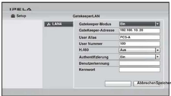 IPELA Setup GatekeeperLAN LAN4 Gatekeeper-Modus Ein GateKeeper-Adresse 192.100.10.20 User Alias PCS-A User Nummer 100 H.460 Aus Authentifizierung Ein Benutzerkennung Kennwort AbbrechenSpeicher