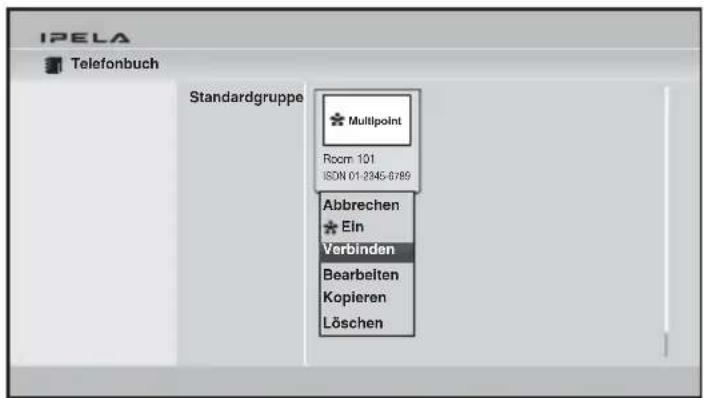 IPELA Telefonbuch Standardgruppe Multipoint Room 101 ISO 01-2345-0789 Abbrechen Ein Verbinden Bearbeiten Kopieren Löschen