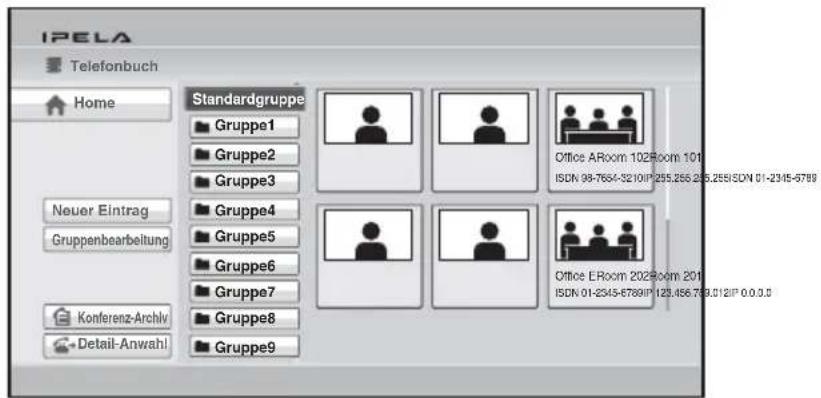 IPELA Telefonbuch Home Standardgruppe Gruppe1 Gruppe2 Gruppe3 Gruppe4 Gruppe5 Gruppe6 Gruppe7 Gruppe8 Gruppe9 Neuer Eintrag Gruppenbearbeitung Office ARoom 102Room 101 ISDN 98-7684-5210IP 255.256.265.258/ISDN 01-2345-5789 Office ERoom 202Room 201 ISDN 01-2345-5789IP 128.456.769.012IP 0.0.0.0 Konferenz-Archiv Detail-Anwahl