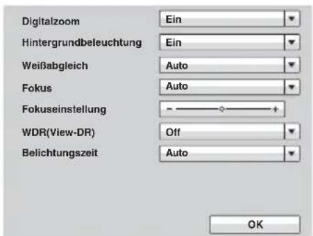 Digitalzoom Ein Hintergrundbeleuchtung Ein Weißabgleich Auto Fokus Auto Fokuseinstellung - + WDR(View-DR) Off Belichtungszeit Auto OK