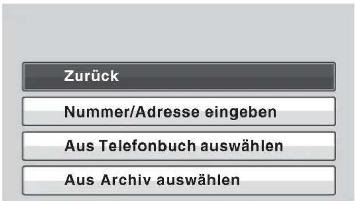 Zurück Nummer/Adresse eingeben Aus Telefonbuch auswählen Aus Archiv auswählen