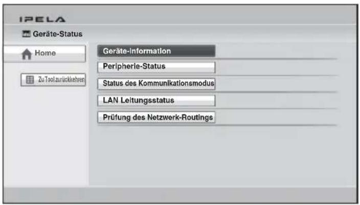 IPELA Geräte-Status Home ZuToolzurückkehren Geräte-information Peripherle-Status Status des Kommunikationsmodus LAN Leitungsstatus Prüfung des Netzwerk-Routings