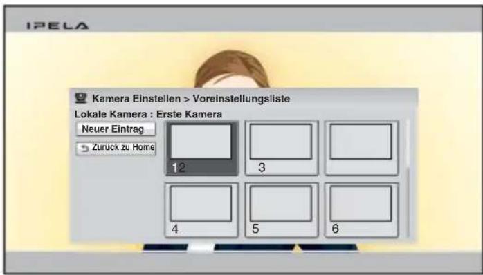 IPELA Kamera Einstellen > Voreinstellungsliste Lokale Kamera : Erste Kamera Neuer Eintrag Zurück zu Home 12 3 4 5 6