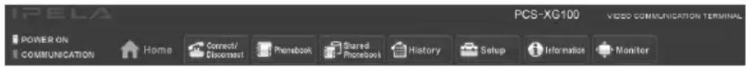 IPELA PCS-XG100 VIDEO COMMUNICATION TERMINAL POWER ON COMMUNICATION Home Connect/Disconnect Phonebook Shared Phonebook History Setup Information Monitor