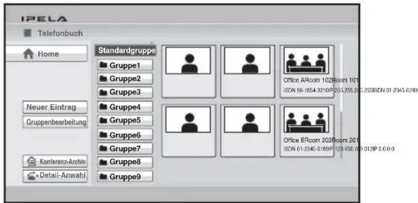 IPELA Telefonbuch Home Standardgruppe Gruppe1 Gruppe2 Gruppe3 Gruppe4 Gruppe5 Gruppe6 Gruppe7 Gruppe8 Gruppe9 Neuer Eintrag Gruppenbearbeitung Konzernz-Archiv Detail-Anwahl Office ARoom 102Room 101 ISDN 98-7854-3210P 235,255,285,255ISDN 01-2345-6789 Office ERoom 202Room 201 ISDN 01-2345-6789P 123-456-789.012IP 0.0.0.0