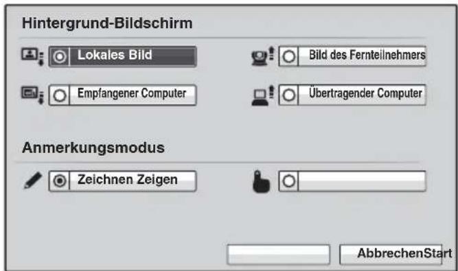 Hintergrund-Bildschirm Lokales Bild Bild des Fernteilnehmers Empfangener Computer Übertragender Computer Anmerkungsmodus Zeichnen Zeigen AbbrechenStart
