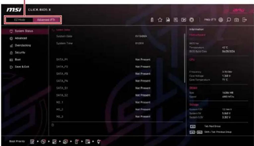 MSI CLICK BIOS X EZ Mode Advanced IP7 System Status Advanced Overdecking Security Boot Save & Ext System Date System Time SATA_P1 SATA_P2 SATA_P3 SATA_P4 SATA_S1 SATA_S2 M2_1 M2_2 M2_3 EU/3/2024 EU/3/51 Not Present Not Present Not Present Not Present Not Present Not Present Not Present Not Present Information Home/Device BIOS Var Temperators 42°C BIOS Build Core 06/08/2024 CPU Frequency 3.76 GHz Core Voltage 1.348 V Core Temperature 71°C DRAM Size 16.056 MB Speed 4800 MTA/s Voltage System TGV 12.144 V System W 5.0kW V System S BV 3.392 V Tab Next Group Shift + Tab Previous Group Boot Priority