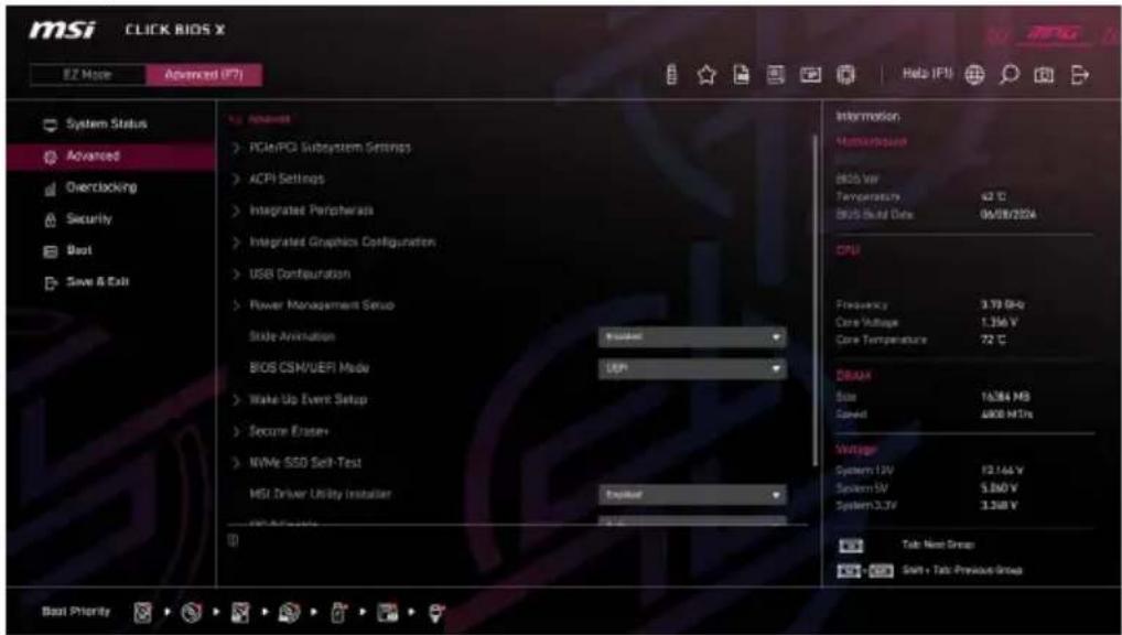 MSI CLICK BIOS X EZ Mode Advanced (FPI) System Status Advanced Overclocking Security Boot Save & Exit System Status Advanced Overclocking Security Boot Save & Exit PC#/PCI Subsystem Settings ACPI Settings Integrated Peripherals Integrated Graphics Configuration USB Configuration Power Management Setup Slide Animation BIOS CSM/VER Modu Wake Up Event Setup Secure Eraser NVMe SSD Self-Test MSI Driver Utility Installer CPU Architecture Advanced PCIe/PCI Subsystem Settings ACPI Settings Integrated Peripherals Integrated Graphics Configuration USB Configuration Power Management Setup Slide Animation BIOS CSM/VER Modu Wake Up Event Setup Secure Eraser NVMe SSD Self-Test MSI Driver Utility Installer CPU Architecture Information: Maximputout BIOS MV Temperature 62 °C BIOS Boot Data 04/08/2024 CPU Frequency 3.79 GHz Core Voltage 1.356 V Core Temperature 72 °C DRAA Size 16384 MB Speed 4000 MHz Voltage System 13V 12.144 V System 5V 5.860 V System 3.3V 3.368 V Tab: New Group Soft + Tab: Previous Group Best Priority