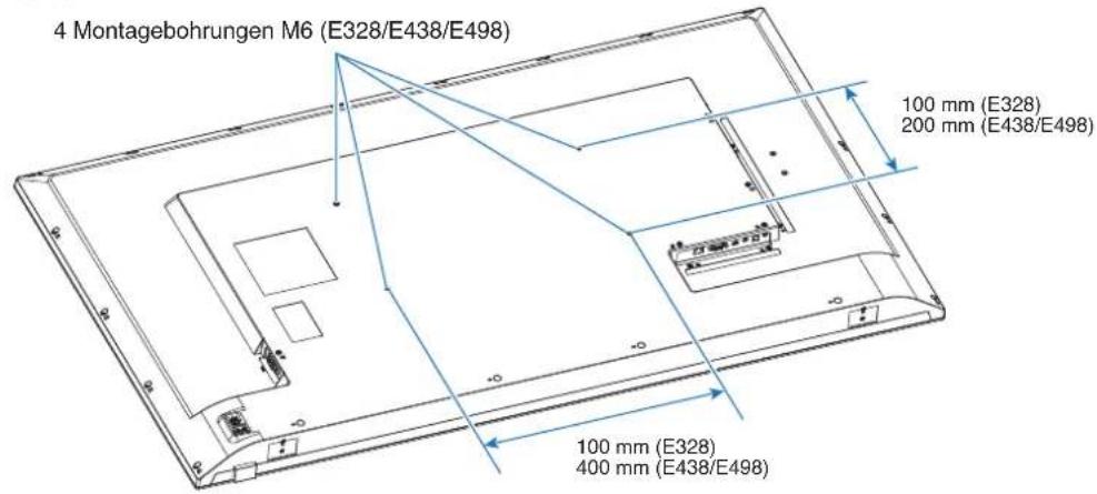 4 Montagebohrungen M6 (E328/E438/E498) 100 mm (E328) 200 mm (E438/E498) 100 mm (E328) 400 mm (E438/E498)