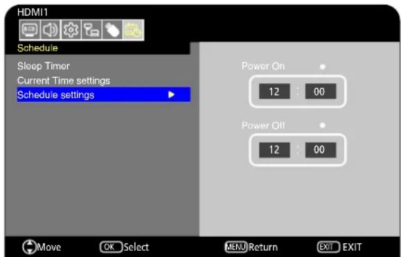 HDMI1 Schedule Sleep Timer Current Time settings Schedule settings Power On 12 00 Power Off 12 00 Move OK Select MENU Return EXIT EXIT