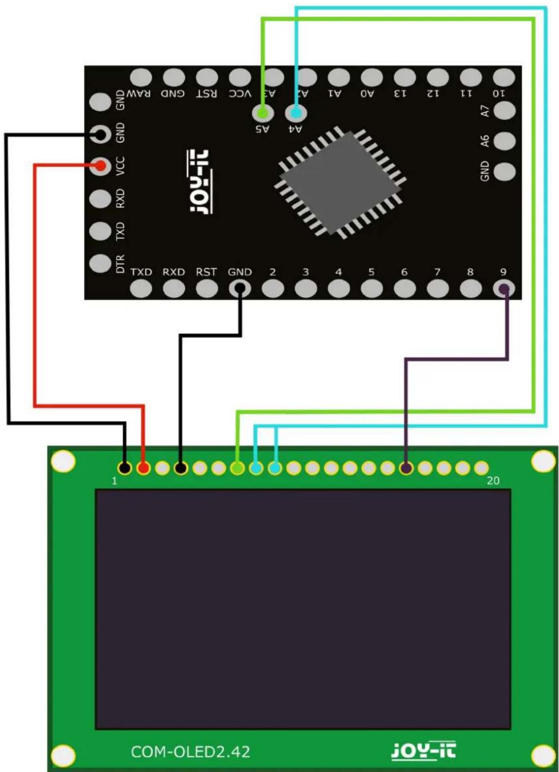 GND GND VCC RXD TXD DTR TXD RXD RST GND RAW A5 A4 A3 VCC RST GND RAW A1 A2 A3 A4 A5 A7 A6 GND JOY-it COM-OLED2.42 JOY-it