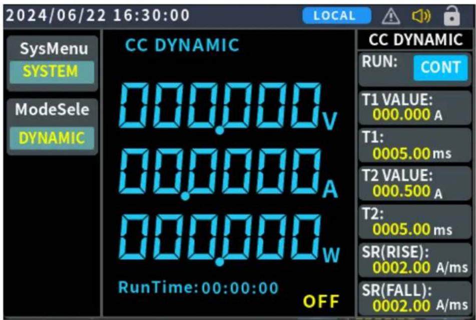 2024/06/22 16:30:00 LOCAL SysMenu SYSTEM ModeSele DYNAMIC CC DYNAMIC 000.000v 00.000A 00.000w RunTime:00:00:00 OFF CC DYNAMIC RUN: CONT T1 VALUE: 000.000 A T1: 0005.00 ms T2 VALUE: 000.500 A T2: 0005.00 ms SR(RISE): 0002.00 A/ms SR(FALL): 0002.00 A/ms