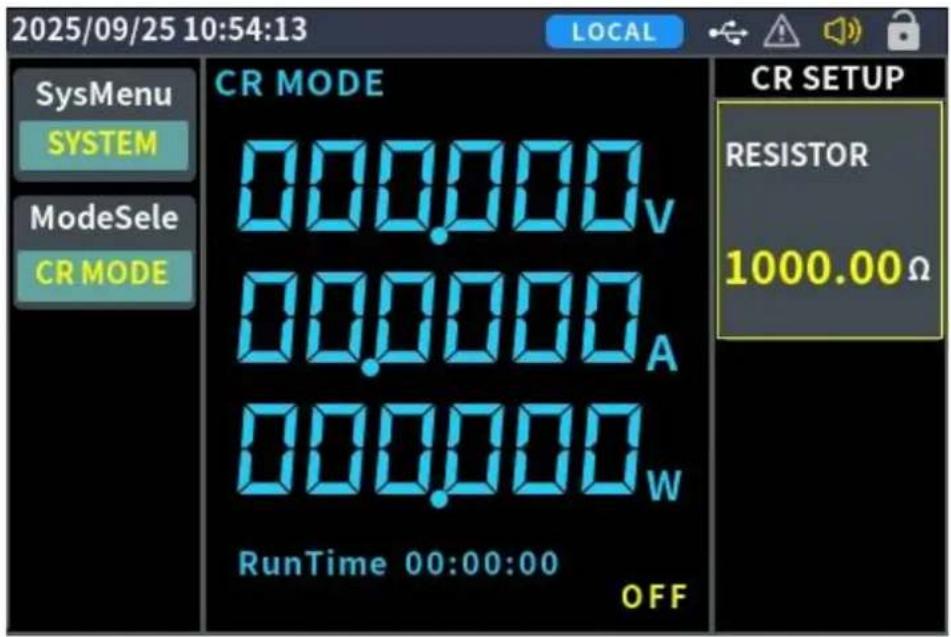 2025/09/25 10:54:13 LOCAL SysMenu SYSTEM ModeSele CR MODE CR MODE 000.000V 00.000A 000.000W RunTime 00:00:00 OFF CR SETUP RESISTOR 1000.00Ω