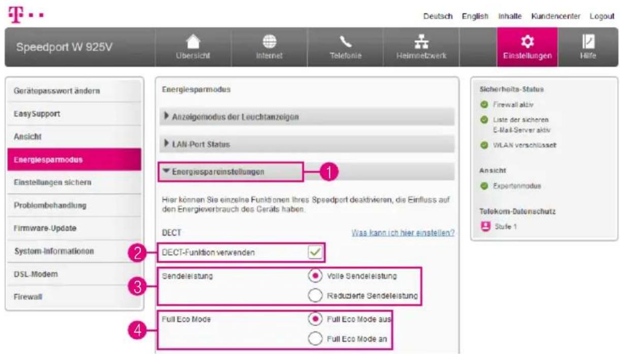 Speedport W 925V Übersicht Internet Telefonie Heimnetzwerk Einstellungen Hilfe Gerätspasswort ändern Easy Support Ansicht Energiesparmodus Einstellungen sichern Problembehandlung Firmware-Update System-Informationen DSL-Modem Firewall Energiesparmodus Anzeigemodus der Leuchtanzeigen LAN-Port Status…