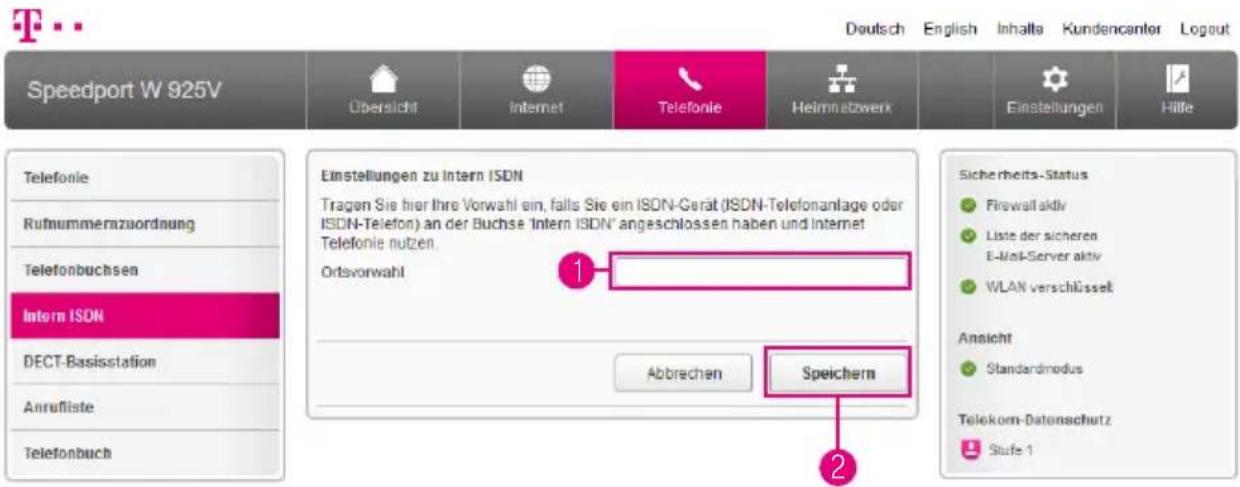 Speedport W 925V Übersicht Internet Telefonie Heimnetzweix Einstellungen zu Intern ISDN Tragen Sie hier ihre Vorwahl ein, falls Sie ein ISDN-Gerät (ISDN-Telefonanlage oder ISDN-Telefon) an der Buchse 'Intern ISDN' angeschlossen haben und Internet Telefonie nutzen. Ortsvorwahl 1 Abbrechen Speichern S…