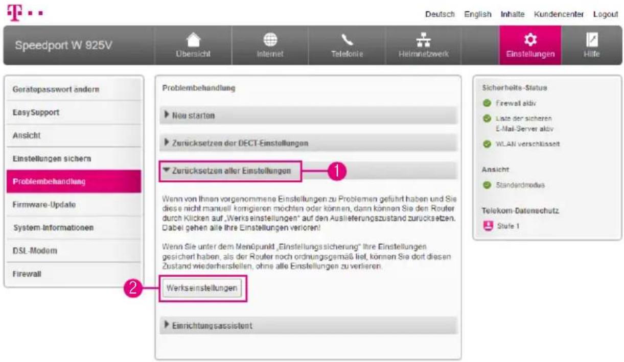 Speedport W 925V Übersicht Internet Telefonie Heimnetzwerk Einstellungen Hilfe Gerätepasswort ändern EasySupport Ansicht Einstellungen sichern Problembehandlung Firmware-Update System-Informationen DSL-Modem Firewall Problembehandlung New starten Zurücksetzen der DECT-Einstellungen Zurücksetzen alle…
