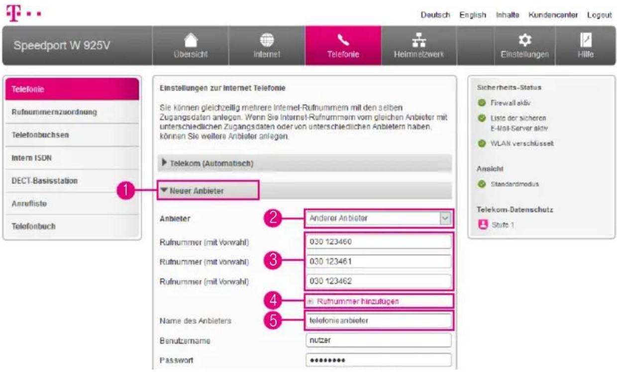 Speedport W 925V Übersicht Internet Telefonie Heimnetzwerk Einstellungen zur Internet Telefonie Sie können gleichzeitig mehrere Internet-Rufnummern mit den selben Zugangsdaten anlegen. Wenn Sie Internet-Rufnummern vom gleichen Anbieter mit unterschiedlichen Zugangsdaten oder von unterschiedlichen An…