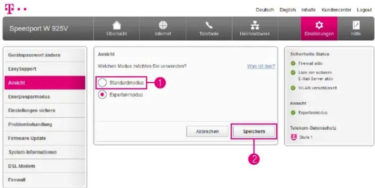 Speedport W 925V Übersicht Internet Telefonie Heimnetzwerk Einstellungen Hilfe Geralopasswort ändern EasySupport Ansicht Energiespormodus Einstellungen sichern Problembohandlung Firmware Update System-Informationen DSL Modem Firewall Ansicht Welchen Modus möchten Sie verwenden? Was ist das? Standard…