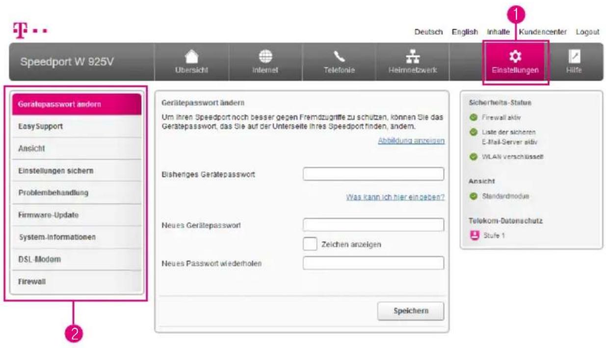 Speedport W 925V Übersicht Internet Telefonie Heimnetzwerk Einstellungen Hilfe Gerätepasswort ändern Easy Support Ansicht Einstellungen sichern Problembehandlung Firmware-Update System-Informationen DSL-Modem Firewall Gerätepasswort ändern Um ihren Speedport noch besser gegen Fremdzugriffe zu schütz…