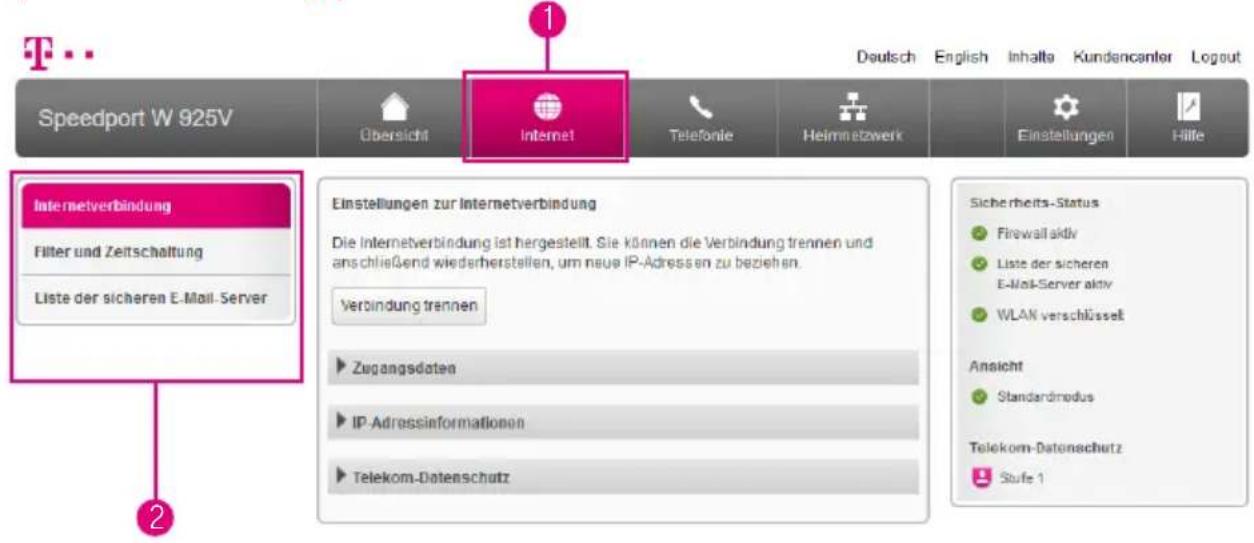 Speedport W 925V Übersicht Internet Telefonie Heimmetzwerk Einstellungen Hilfe Internetverbindung Filter und Zeitschaltung Liste der sicheren E-Mail-Server Einstellungen zur Internetverbindung Die Internetverbindung ist hergestellt. Sie können die Verbindung trennen und anschließend wiederherstellen…