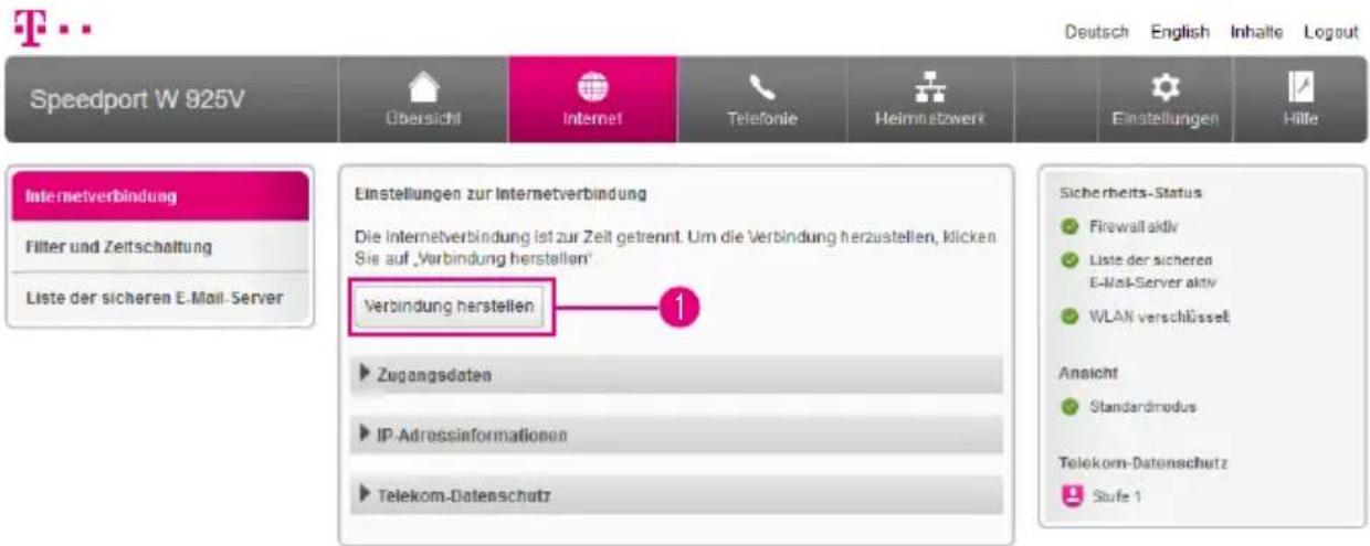 Speedport W 925V Übersicht Internet Telefonie Heimnetzwert Einstellungen Hille Internetverbindung Filter und Zeitschaltung Liste der sicheren E-Mail-Server Einstellungen zur Internetverbindung Die internetverbindung ist zur Zeit getrennt. Um die Verbindung herzustellen, klicken Sie auf „Verbindung h…