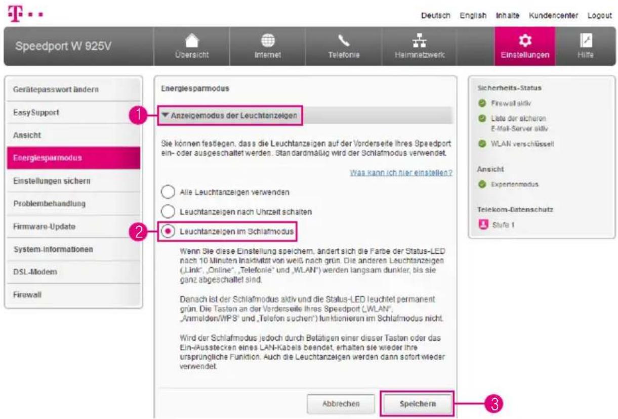 Speedport W 925V Gerätepasswort ändern Easy Support Ansicht Energiesparmodus Einstellungen sichern Problembehandlung Firmware-Update System-Informationen DSL-Modem Firewall Energiesparmodus Anzeigemodus der Leuchtanzeigen Sie können festiegen, dass die Leuchtanzeigen auf der Vorderseite Ihres Speedp…