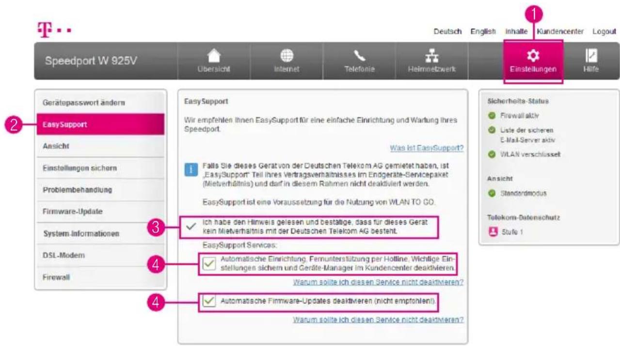 Speedport W 925V Übersicht Internet Telefonie Heimnetzwerk 1 Deutsch English Inhalte Kundencenter Logout Gerätepasswort ändern EasySupport Ansicht Einstellungen sichern Problembehandlung Firmware-Update System-Informationen DSL-Modem Firewall EasySupport Wir empfehlen Ihnen EasySupport für eine einf…