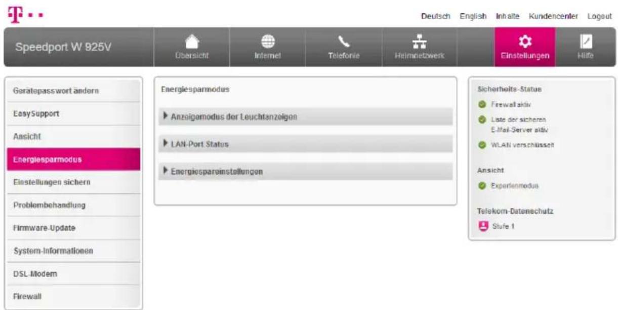 Speedport W 925V Geratepasswort andersn Easy Support Ansicht Energiesparmodus Einstellungen sichern Problembehandlung Firmware-Update System-Informationen DSL Modem Firewall Übersicht Internet Telefonie Helmnetwerk Einstellungen Hüfe Energiesparmodus Anzeigomodus der Leuchtanzeigen LAN-Port Status E…