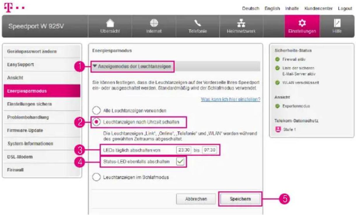 Speedport W 925V Übersicht Internet Telefonie Heimnetzwerk Einstellungen Hilfe Gerätopasswort ändern EasySupport Ansicht Energiesparmodus 1 Energiesparmodus Anzeigemodus der Leuchtanzeigen Sie können festlegen, dass die Leuchtanzeigen auf der Vorderselle Ihres Speedport ein- oder ausgeschaltet werde…