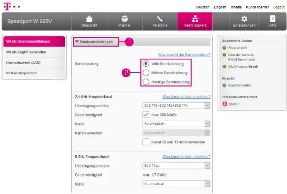 Speedport W 925V Ubersicht Internet Telefonie Heimnetzwerk Einstellungen Hilfe WLAN-Grundeinstellungen WLAN-Zugriff verwalten Heimnetzwerk (LAN) Netzwerkspeicher Sendeeinstellungen 1 Was bewirkt die Sendeleistung? Sendeleistung Volle Sandeleistung Mittlere Sandeleistung Niedrige Sandeleistung 2,4-GH…