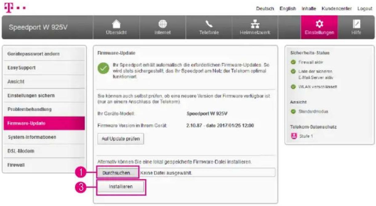 Speedport W 925V Übersicht Internet Telefonie Helmnetzwerk Einstellungen Hilfe Gerätepasswort andersn Easy Support Ansicht Einstellungen sichern Problembehandlung Firmware-Update System-Informationen DSL-Modem Firewall Firmware-Update Ihr Speedport erhält automatisch die erforderlichen Firmware-Upda…