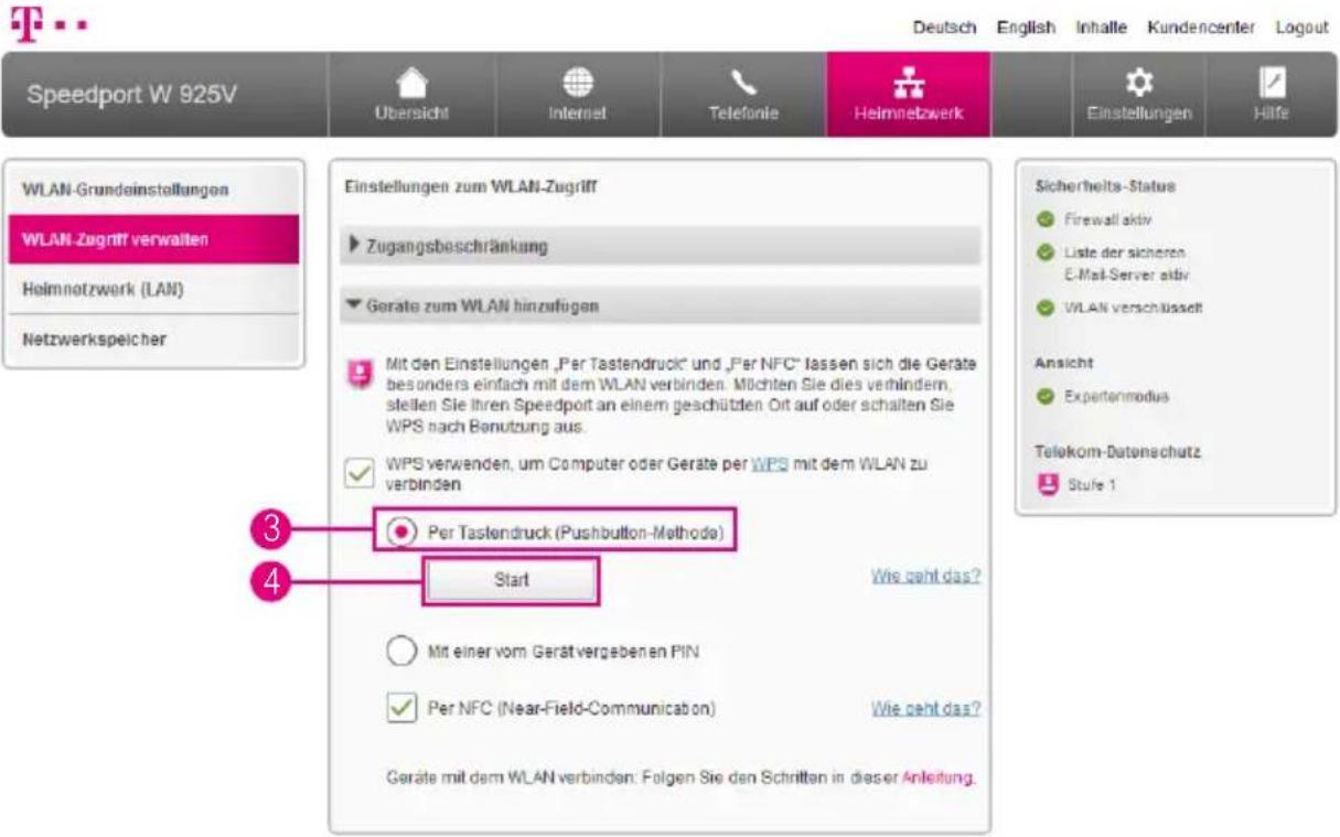 Speedport W 925V Ubersicht Internet Telefonie Heimnetzwerk Einstellungen Hilfe WLAN-Grundeinstellungen WLAN-Zugriff verwalten Heimnotzwerk (LAN) Netzwerkspeicher Einstellungen zum WLAN-Zugriff Zugangsbeschränkung Geräte zum WLAN hinzufügen Mit den Einstellungen „Per Tastendruck“ und „Per NFC“ lassen…
