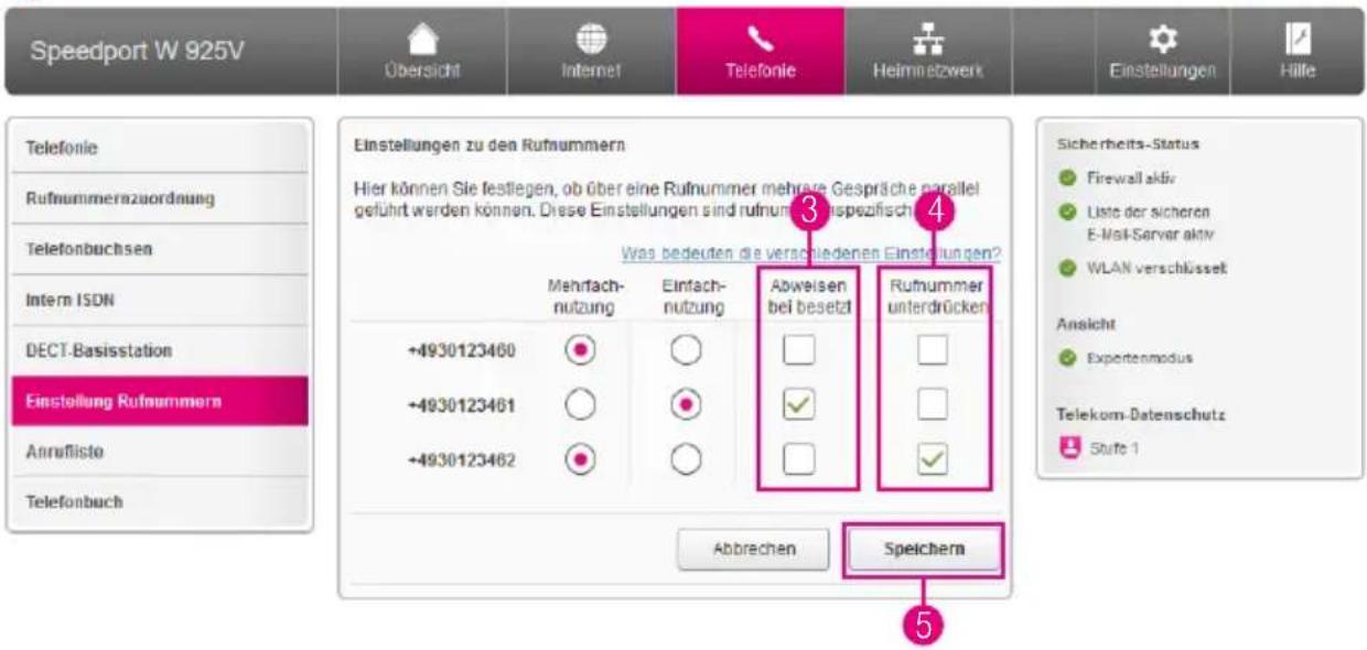Speedport W 925V Übersicht Internet Telefonie Heimnetzwerk Einstellungen Hille Telefonie Rufnummernzuordnung Telefonbuchsen Intern ISDN DECT-Basisstation Einstellung Rufnummern Anruflisto Telefonbuch Einstellungen zu den Rufnummern Hier können Sie festlegen, ob über eine Rufnummer mehrare Gespräche…