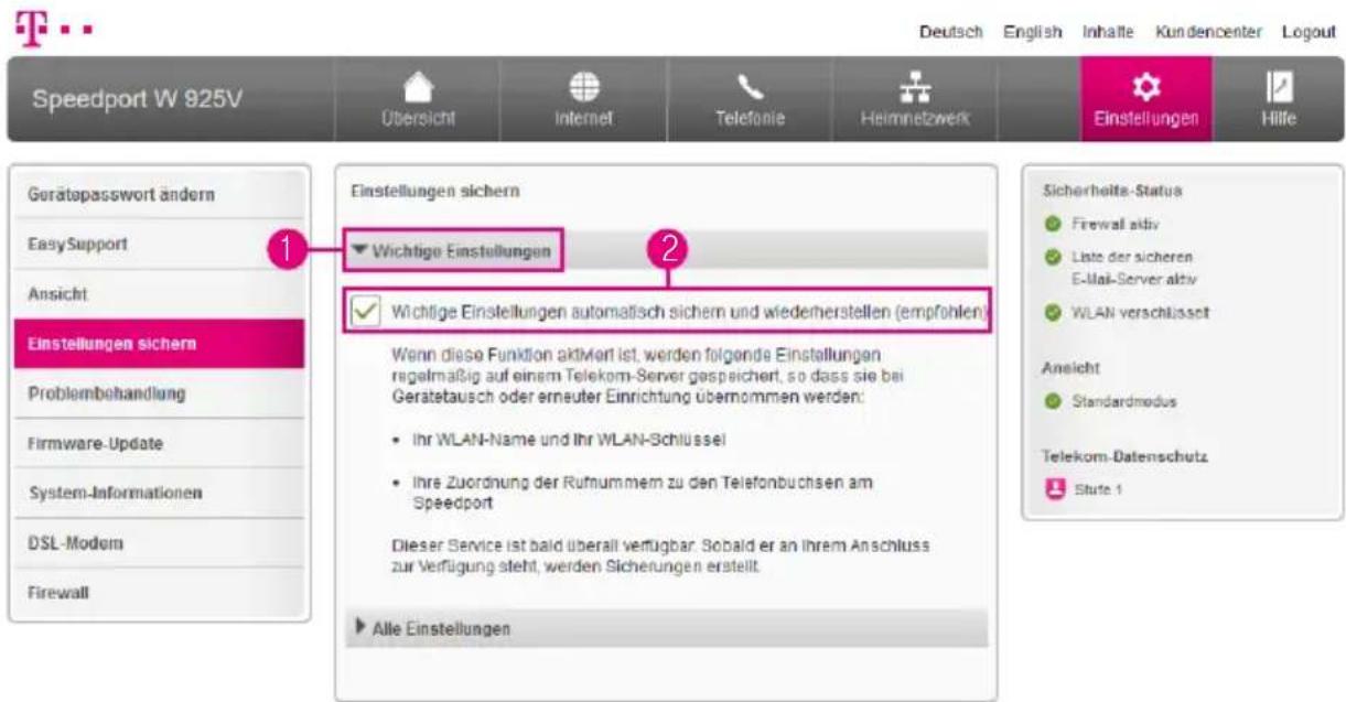 Speedport W 925V Übersicht Internet Telefonie Heimnetzwerk Einstellungen Hilfe Geratopassword andern Easy Support Ansicht Einstellungen sichern Problembehandlung Firmware-Update System-Informationen DSL-Modem Firewall 1 Einstellungen sichern Wichtige Einstellungen Wichtige Einstellungen automatisch…