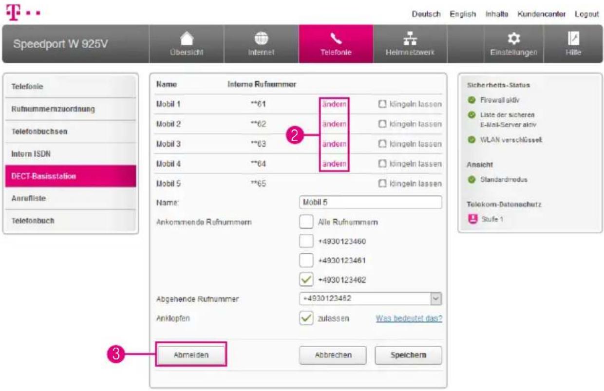 Speedport W 925V Übersicht Internet Telefonie Heimnetzwerk Einstellungen Hille Telefonie Rufnummerazuordnung Telefonbuchsen Intern ISDN DECT-Basisstation Anrufliste Telefonbuch Name Interno Rufnummer Mobil 1 **61 ändern klingeln lassen Mobil 2 **62 ändern klingeln lassen Mobil 3 **63 ändern klingeln…