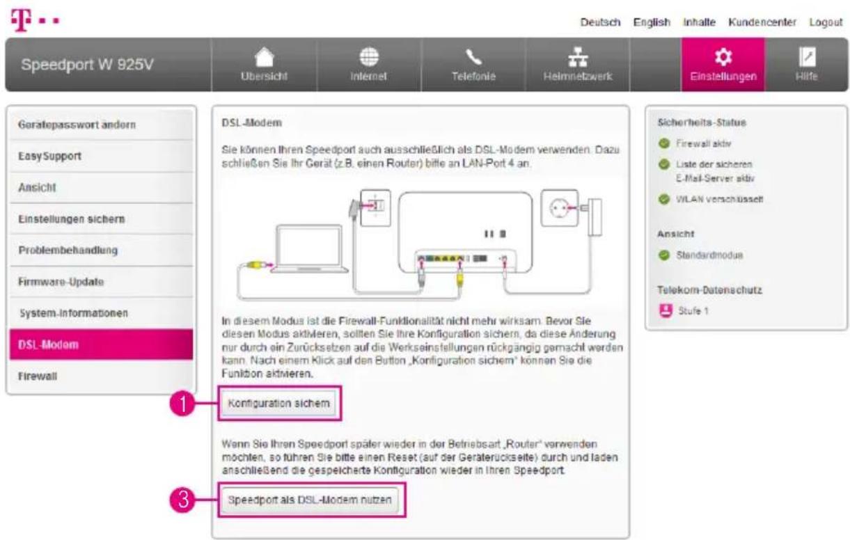 Speedport W 925V Übersicht Internet Telefonie Heimnetzwerk Einstellungen Hilfe Goralepasswort andersn Easy Support Ansicht Einstellungen sichern Problembehandlung Firmware-Update System-Informationen DSL-Modem Firewall DSL-Modem Sie können Ihren Speedport auch ausschließlich als DSL-Modem verwenden.…