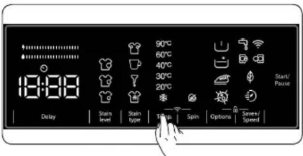 18:00 Delay Stain level Stain type 90°C 60°C 40°C 30°C 20°C Start/ Pause Temp Spin Options Save+/Speed