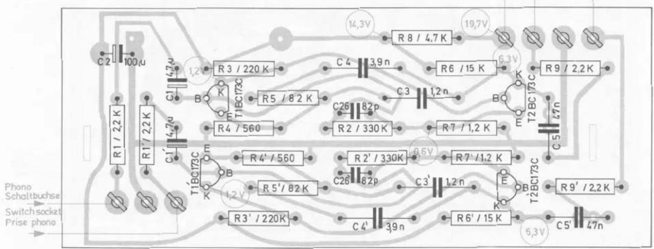 14,3V R8 / 4,7K 19,7V C2 100μ R1 / 22K R1' / 22K C1 4,7n R3 / 220 K C4 3,9n R6 / 15 K 6,3V R9 / 2,2K B K T1BC173C R5 / 82 K C3 1,2n R4 / 560 R2 / 330 K R7 / 1,2 K m T2 BC 173C C5 4,7n R4' / 560 R2' / 330K R7' / 1,2 K E B R5' / 82 K C26 82p C3' 1,2n E B R6' / 15 K T2 BC173C R9' / 2,2K C4' 3,9n R3' / 220K C5' 47n Phono Schaltbuchse Switch socket Prise phono