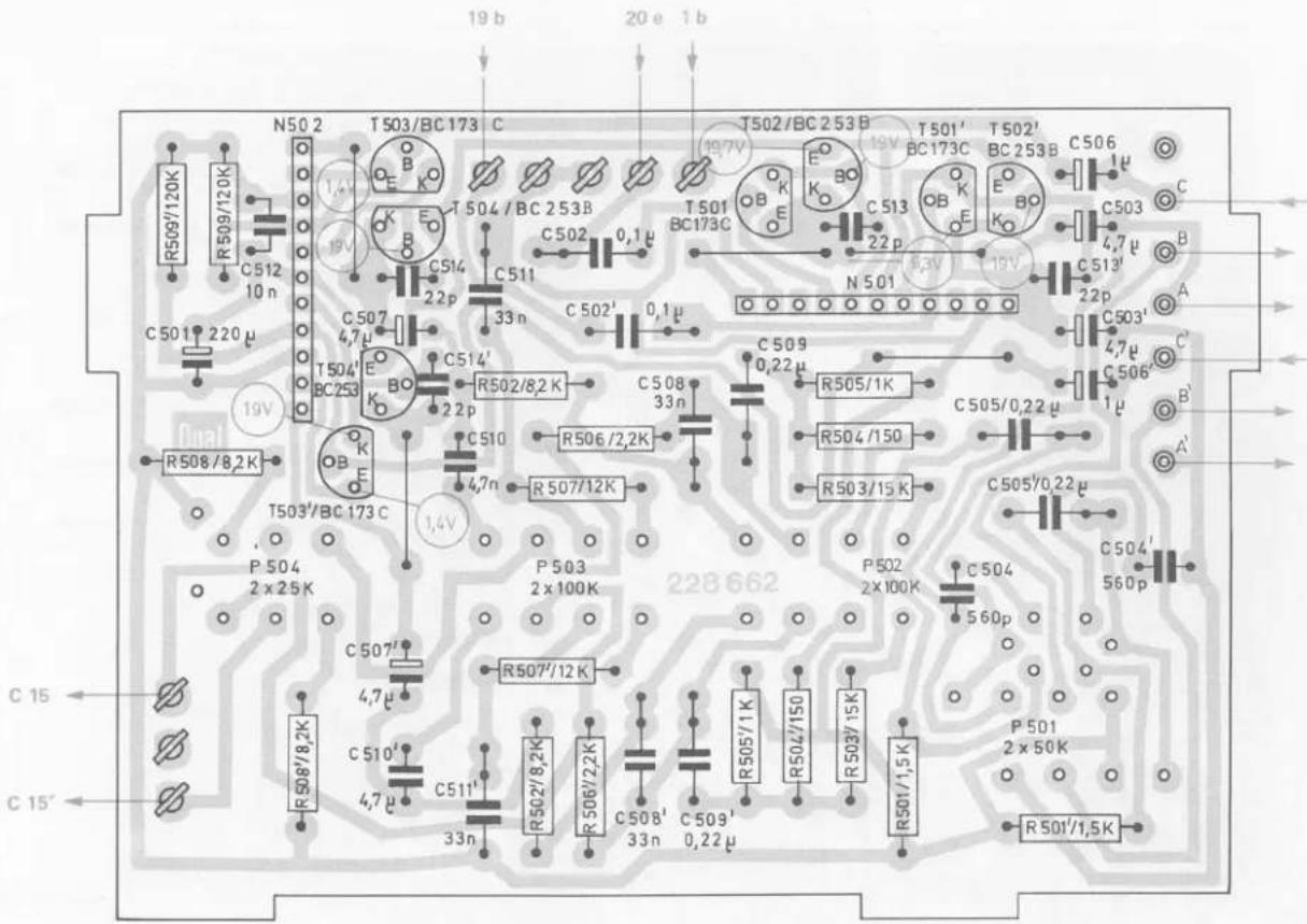 19 b 20 e 1 b N50 2 T503/BC 173 C T502/BC 253 B T501' BC 173C T502' BC 253B C506 1μ C503 4,7μ C513' 22p N 501 C503' 4,7μ C506' 1μ A C' B' A' C 15 C 15' R509/120K C512 10 n C501 220 μ R508/8,2K T504' BC 253 C507 4,7 μ C514' E BO C511 33 n C502 0,1 μ C508 33 n C510 4,7 n R506/2,2K R507/12K R507'/12 K P 504 2 x 25 K P 503 2 x 100 K R507' /12 K R502/8,2K R506/2,2K C511' 33 n C508' 33 n C509' 0,22 μ R505/1K R504/150 R503/15 K R504/150 R503'/15 K R501/1,5K R501'/1,5K