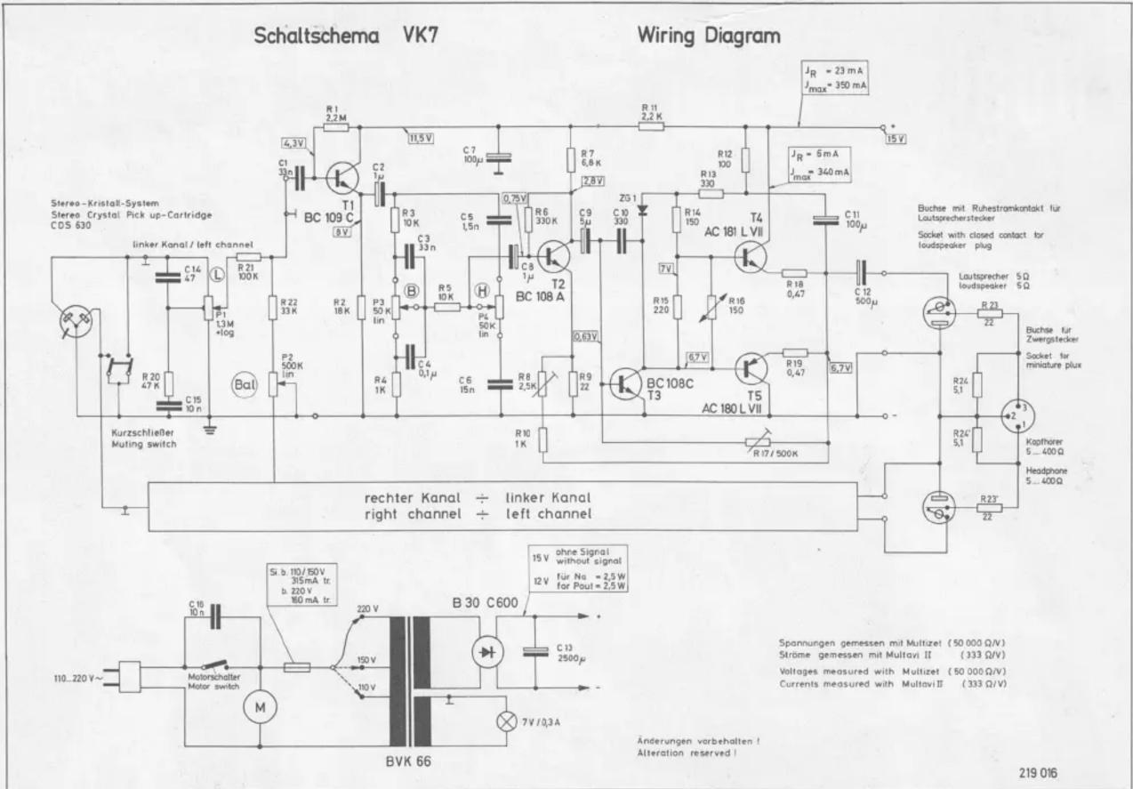 Schaltschema VK7 Wiring Diagram J_R = 23 mA J_max = 350 mA Stereo-Kristall-System Stereo Crystal Pick up-Cartridge CDS 630 linker Kanal / left channel C14 47 K R 20 47 K P1 1.3 M +log Bal R 21 100 K R 22 33 K P2 500 K in R 4 1 K P3 50 K in R 5 10 K C 3 33 n B R 6 330 K C 5 1.5n H P4 50 K in C 6 15 n R 8 2.5K R 9 22 T2 BC 108 A R 108 C T3 T4 AC 181 L VII R 18 0.47 R 19 0.47 R 17 / 500 K R 11 2.2 K R 7 6.8 K C 9 5 μ C 10 330 ZG 1 AC 181 L VII R 14 150 R 15 220 R 16 150 R 18 0.47 R 19 0.47 R 23 22 Lautsprecher loudspeaker 5 Ω Sacket with closed contact for loudspeaker plug Buchse mit Ruhestromkantakt für Lautsprecherstecker Lautsprecher loudspeaker 5 Ω Buchse für Zwergstecker Socket for miniature plux Kapthorer 5...400 Ω Headphone 5...400 Ω rechter Kanal ÷ linker Kanal right channel ÷ left channel Sb. b. 110/150V 315mA tr. b. 220 V 160 mA tr. B 30 C600 15 V ohne Signal without signal 12 V für Na. = 2.5 W for Pout = 2.5 W/ BVK 66 Motorchalter Motor switch M 110...220 V~ Änderungen vorbehalten! Alteration reserved! Spannungen gemessen mit Multizet (50 000 Q/V) Ströme gemessen mit Multavi II (333 Q/V) Voltages measured with Multizet (50 000 Q/V) Currents measured with Multavi II (333 Q/V) 219 016