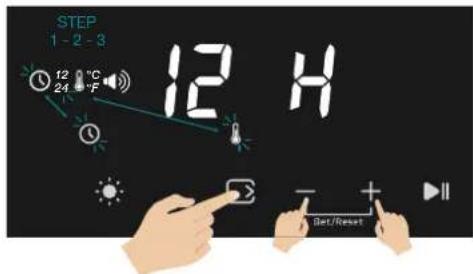 STEP 1 - 2 - 3 12 H 12 24 °C °F S + - Set/Reset