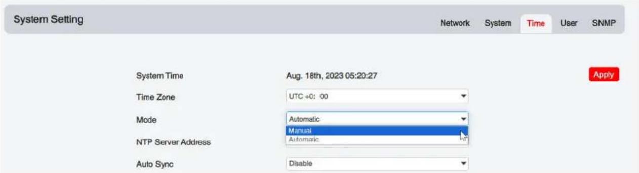 System Setting Network System Time User SNMP System Time Aug. 18th, 2023 05:20:27 Time Zone UTC +0: 00 Mode Automatic Manual NTP Server Address Automatic Auto Sync Disable