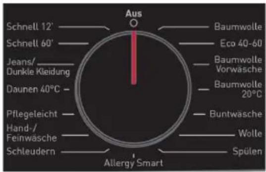 Aus Schnell 12' Schnell 60' Jeans/ Dunkle Kleidung Daunen 40°C - Pflegeleicht Hand-/Feinwäsche Schleudern Baumwolle Eco 40-60 Baumwolle Vorwäsche Baumwolle 20°C Buntwäsche Wolle Spülen Allergy Smart
