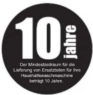 10 Jahre Der Mindestzeitraum für die Lieferung von Ersatzteilen für Ihre Haushaltswaschmaschine beträgt 10 Jahre.