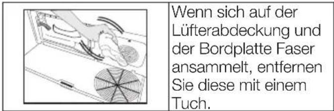 Wenn sich auf der Lüfterabdeckung und der Bordplatte Faser ansammelt, entfernen Sie diese mit einem Tuch.