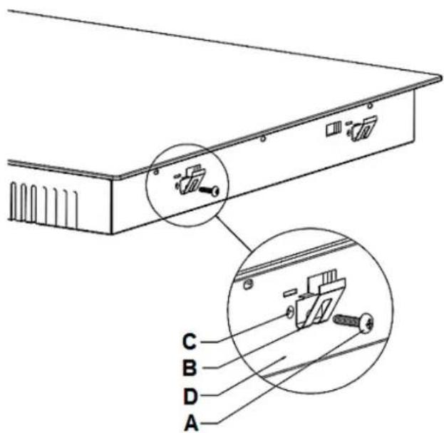 Technical diagram of a server rack with labeled components A, B, C, D and an inset showing internal wiring connections.