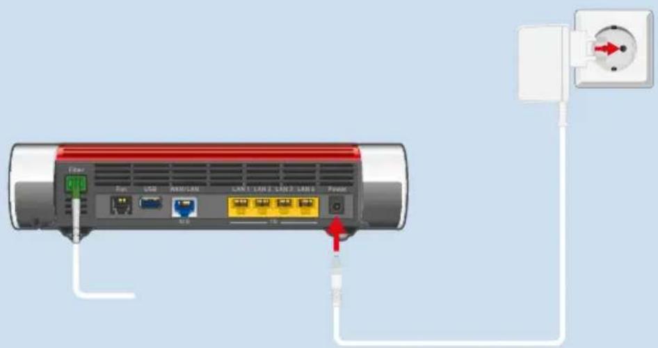 Diagram showing network connection between a router and a power outlet, with labeled ports and connections.